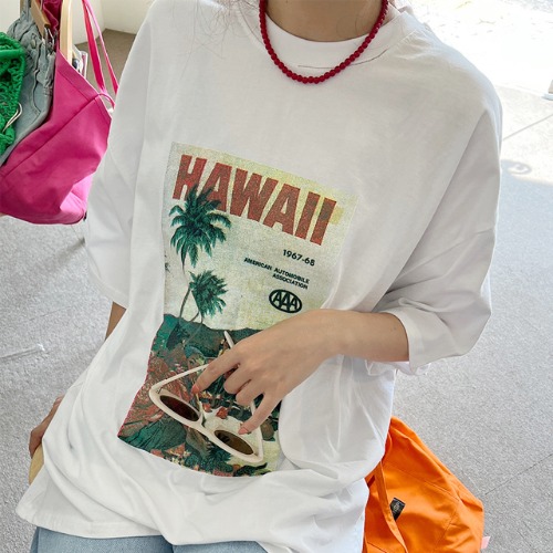 3컬러 하와이 워싱 프린팅 오버핏 반팔 티셔츠
